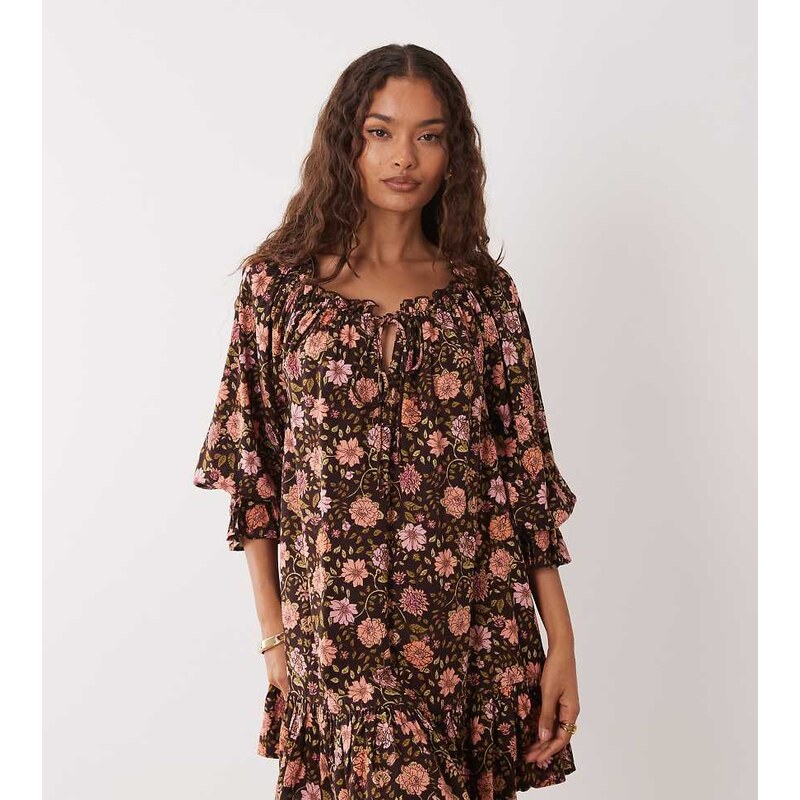 Miss Selfridge Petite spun smock dress in 70s floral-Multi 115517837