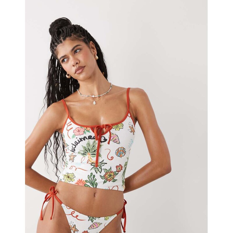 Reclaimed Vintage tankini top with keyhole in retro tropical postcard 115518353