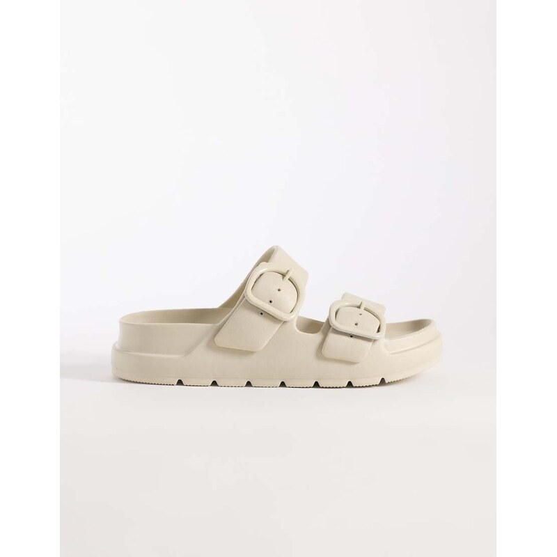ASOS DESIGN Finn flatform double buckle slider in off white