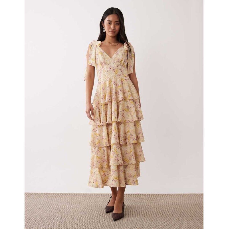 Pretty Lavish Florie tie shoulder ruffle midaxi dress in ditsy floral 114523150