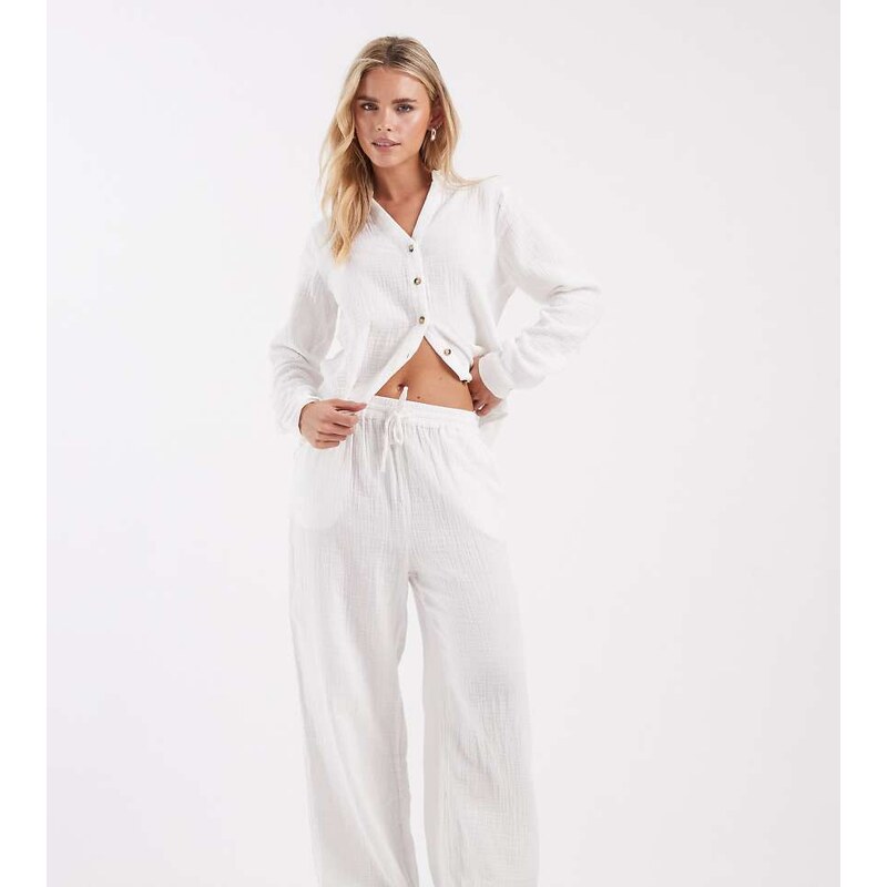 ONLY Petite cheesecloth wide leg trouser co-ord in white