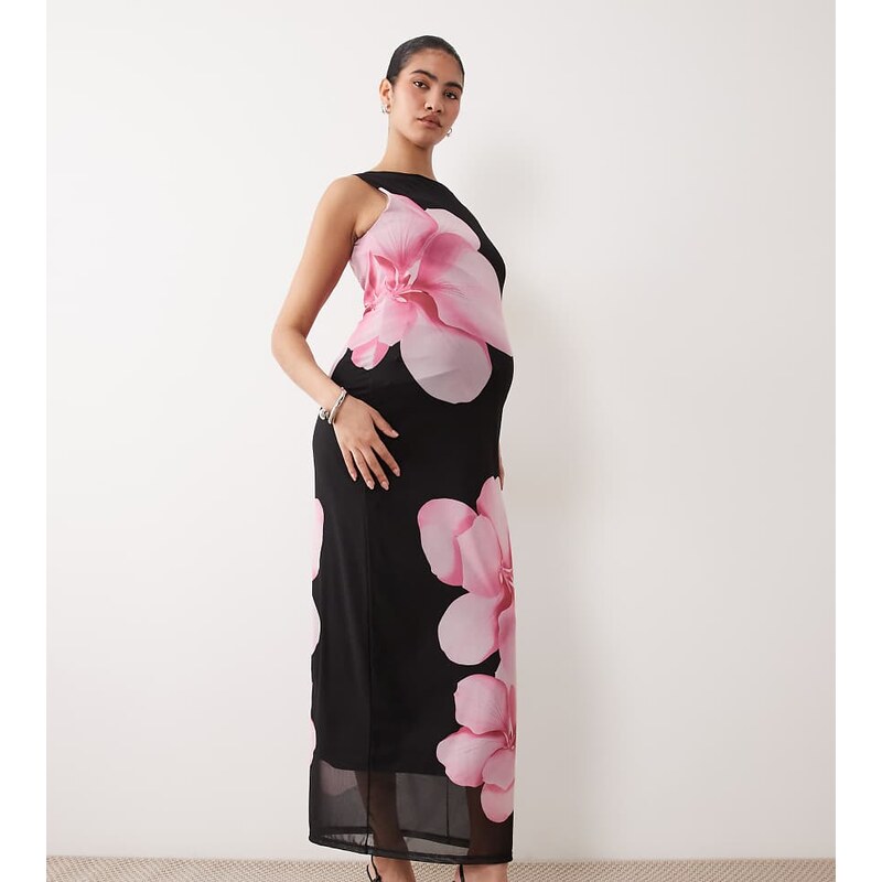 Mama.licious Mamalicious Maternity sleeveless mesh midi dress in black 114514033
