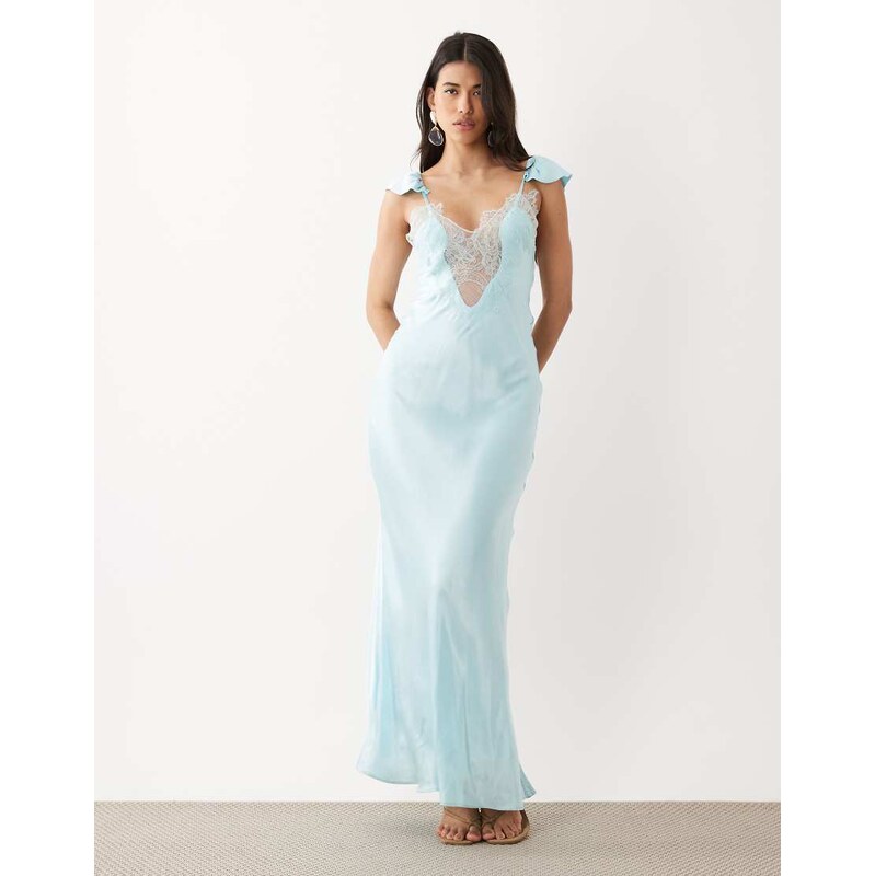 Bardot Ivy plunge lace detail satin maxi dress in soft blue