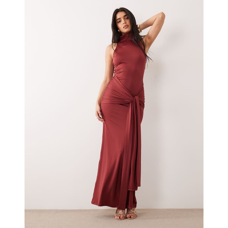 Aria Cove double sculpted slinky high neck drape front maxi dress in 114514094