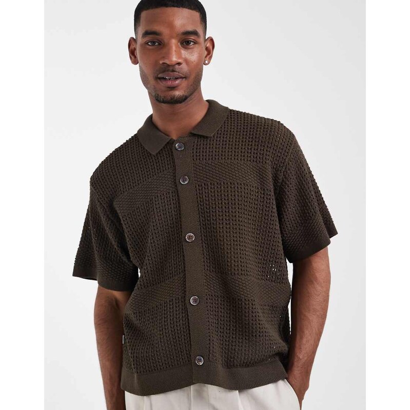 Obey zach knitted button up shirt in brown