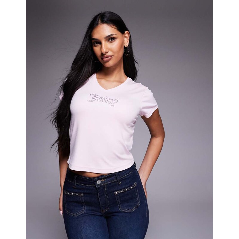 Juicy Couture diamante logo v neck baby t-shirt in pink 114514137