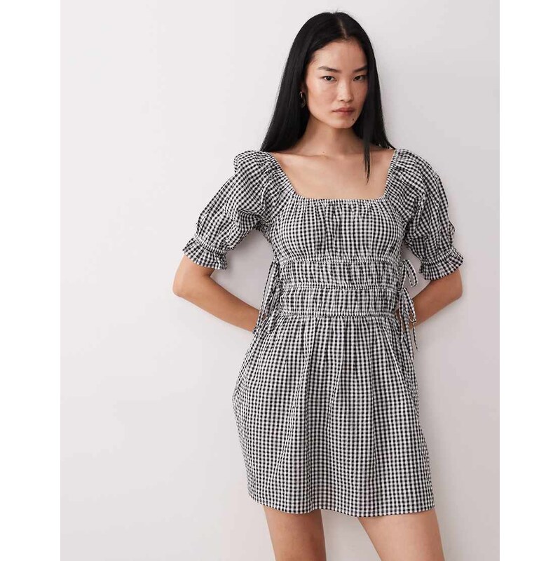 Wednesdays Girl seersucker milkmaid mini dress in black gingham