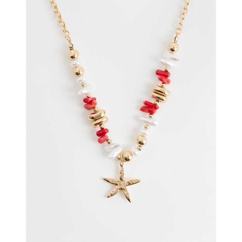 DesignB London starfish pendant beaded neckalce in coral red and