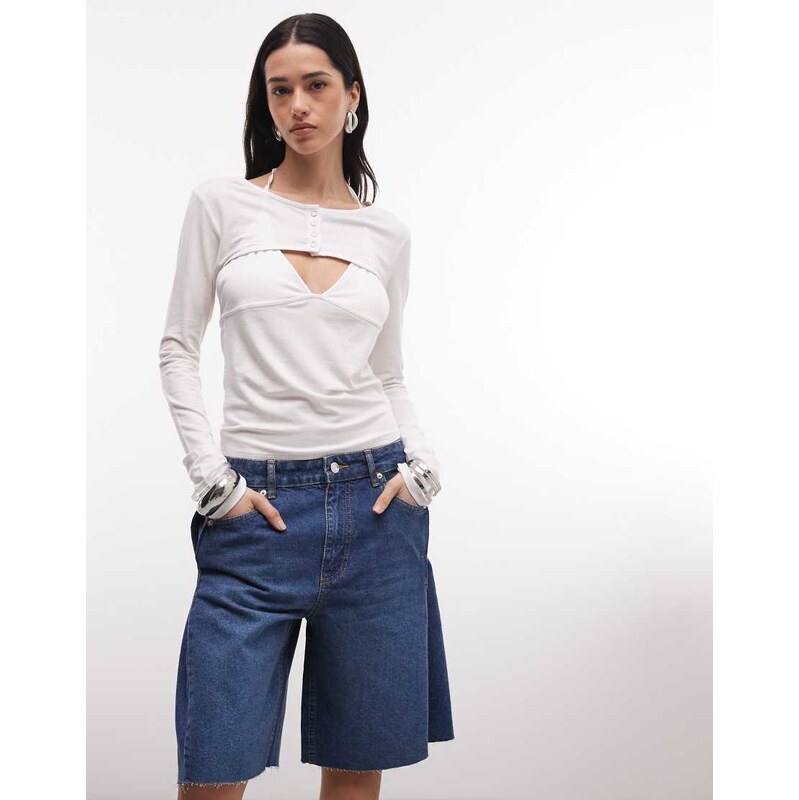 ASOS DESIGN denim bermuda short with side pleat detail in dark