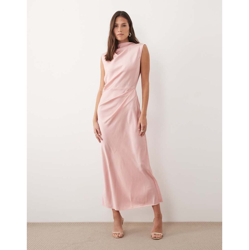 ASOS DESIGN satin high neck pleated bodice midi dress in dusty