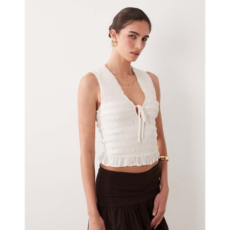 Abercrombie & Fitch ruched v neck top in beige-Neutral