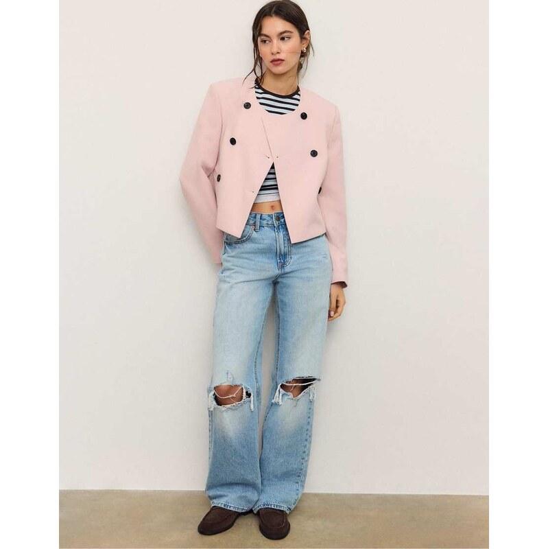 Stradivarius Cropped round neck blazer in pastel pink 114514207