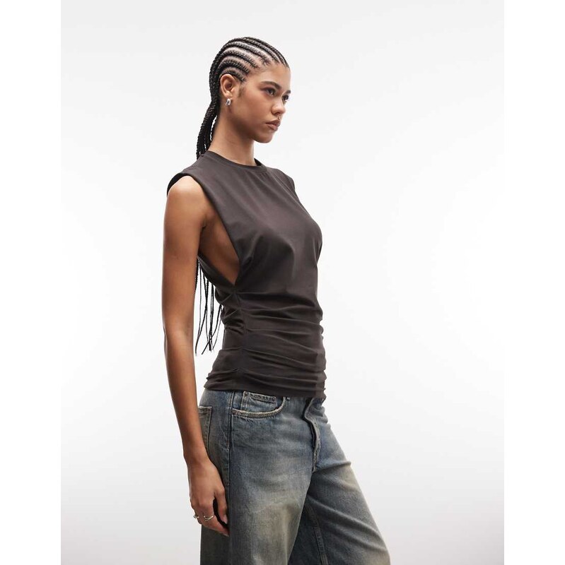 Weekday sleeveless top with cinched gathered waist in dark brown 114514213