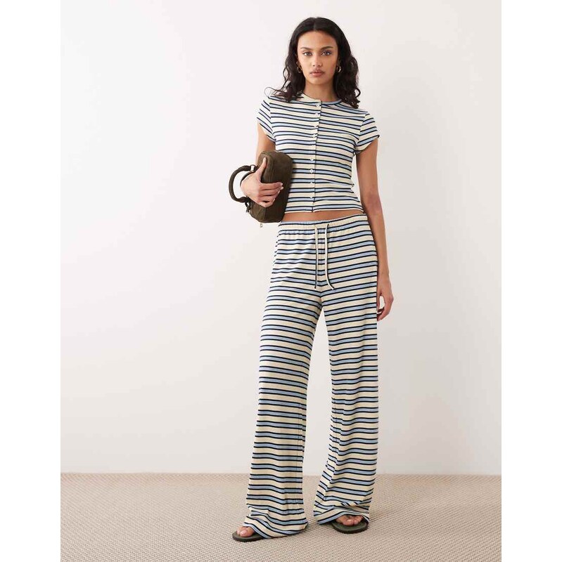 Miss Selfridge wide leg rib trousers in buttermilk stripe-Yellow