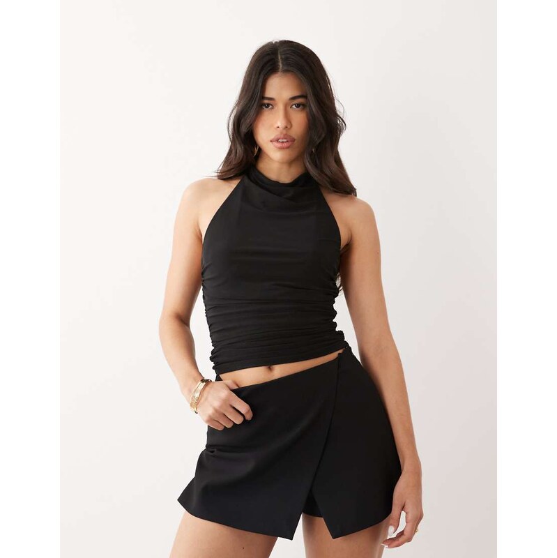 ASOS DESIGN mesh halter top with draped neckline in black