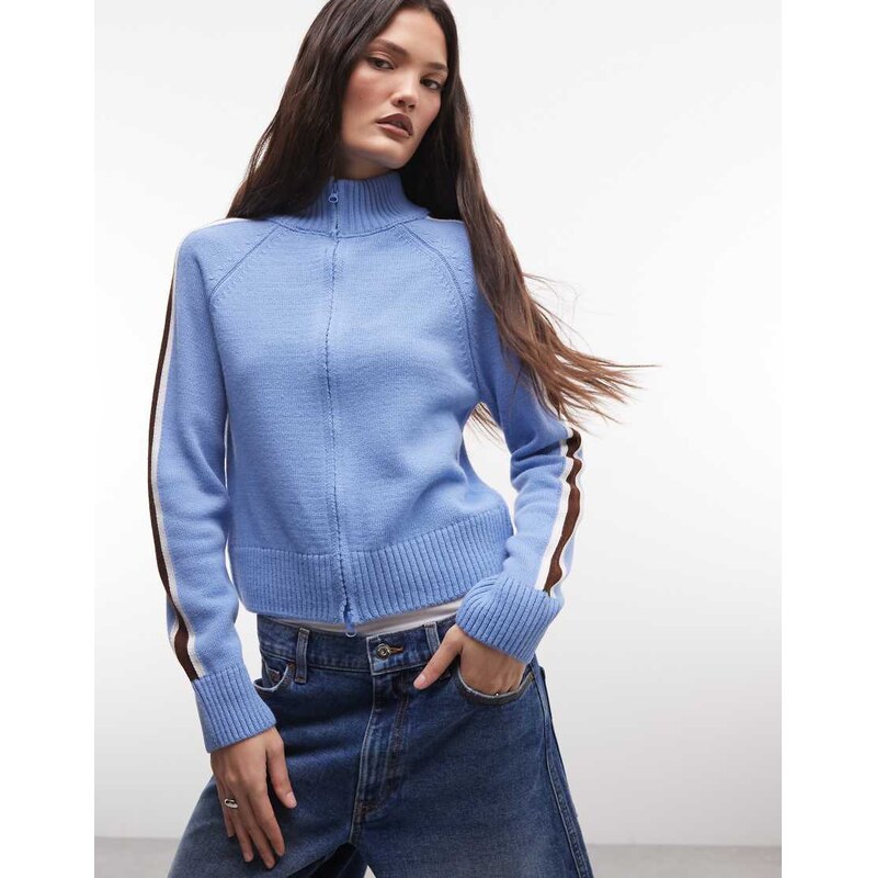COLLUSION knitted zip through stripe funnel neck track jacket in blue 114514240