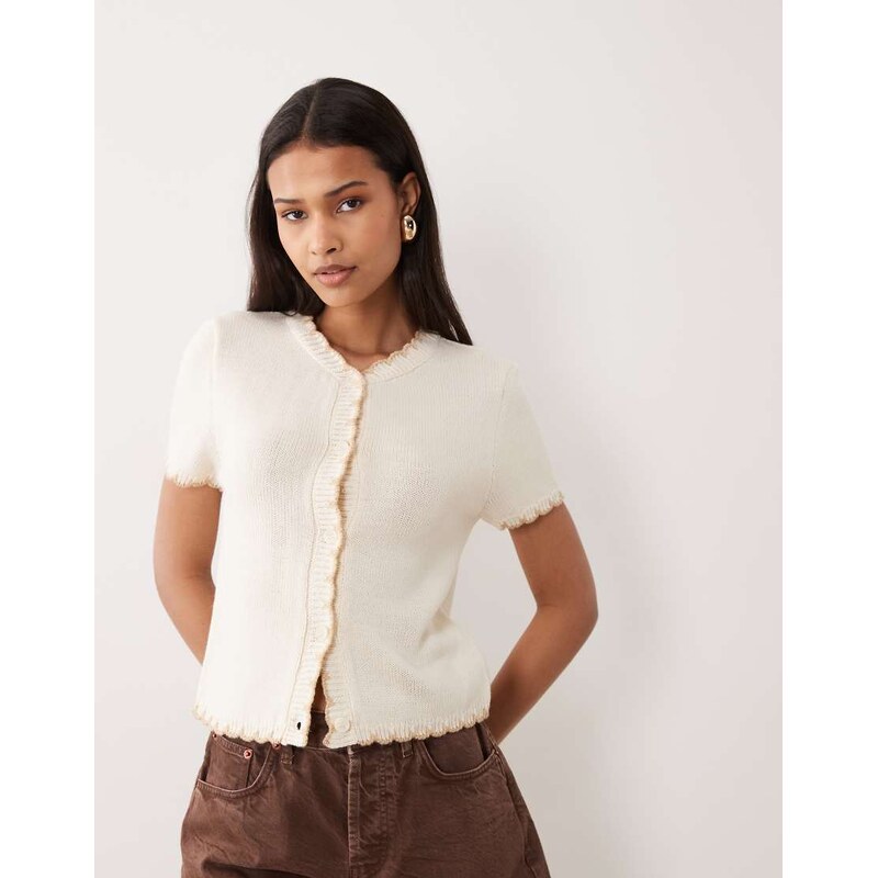 Miss Selfridge short sleeve blanket stitch cardigan in cream