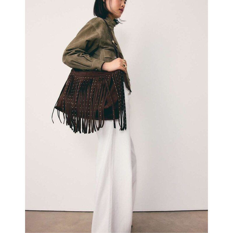 Stradivarius Soft touch shoulder bag with fringe detail in brown 114514273
