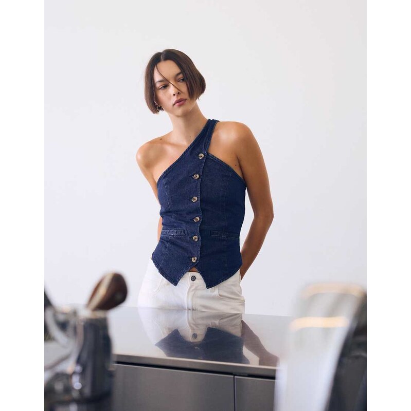 Bershka Asymmetric denim top in blue-Navy 114514291