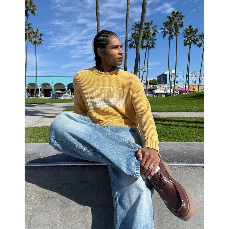 Bershka Boxy print round neck jumper in yellow