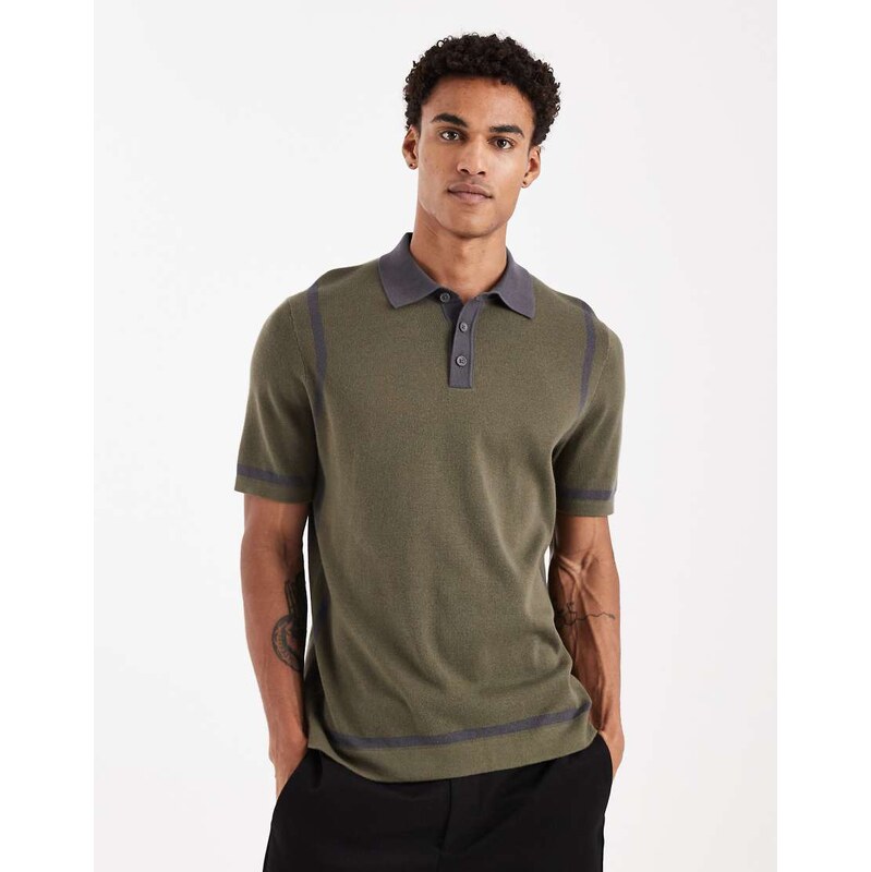 ASOS DESIGN knitted polo with panel detail in khaki and grey-Green