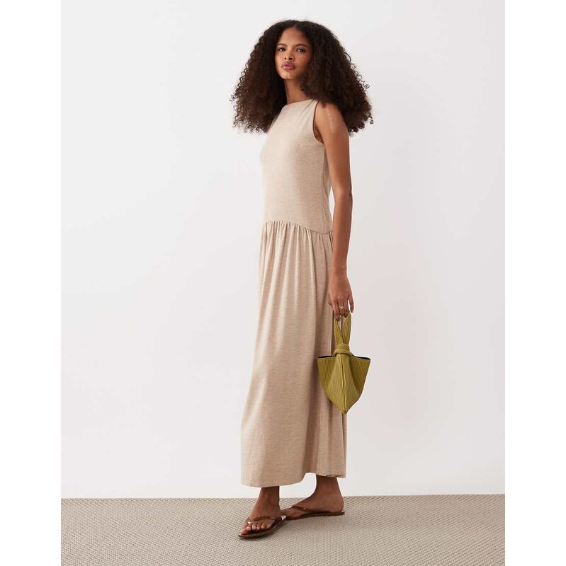 ASOS DESIGN rib mix midi dress with drop waist in oatmeal