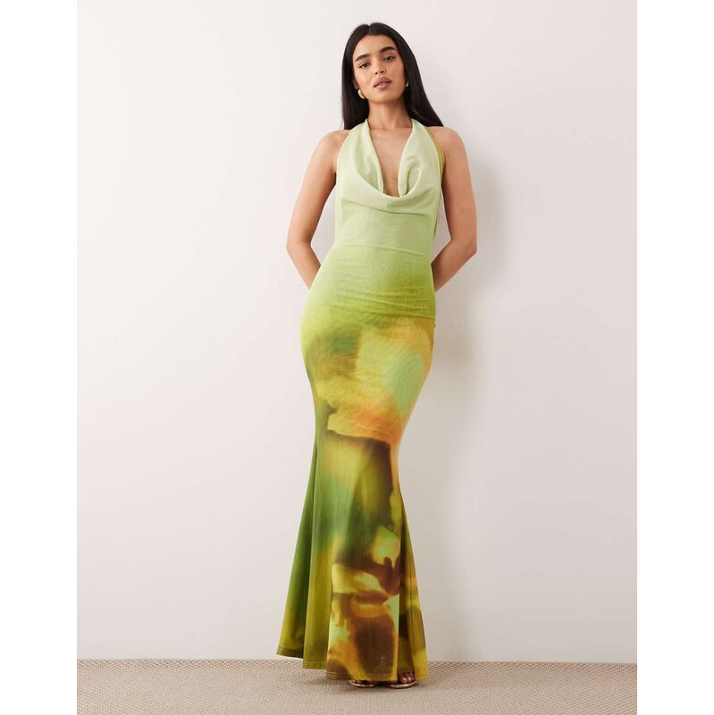 Murci mesh cowl halterneck low back fishtail maxi dress in green