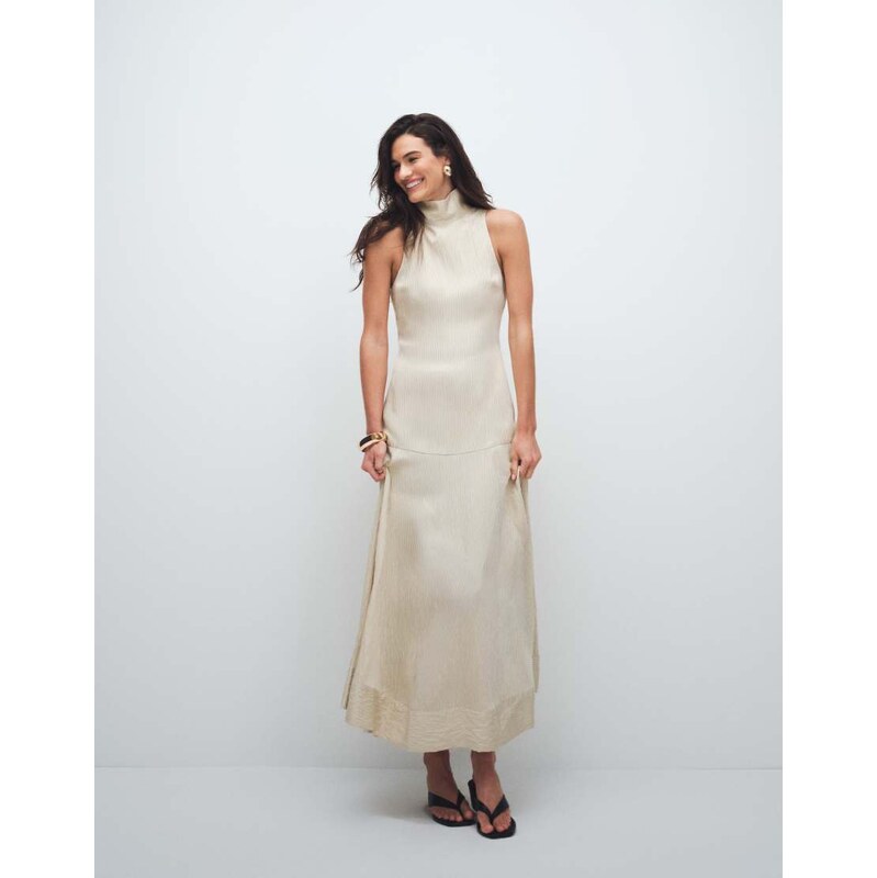 Topshop premium funnel neck dropped waist maxi dress in natural