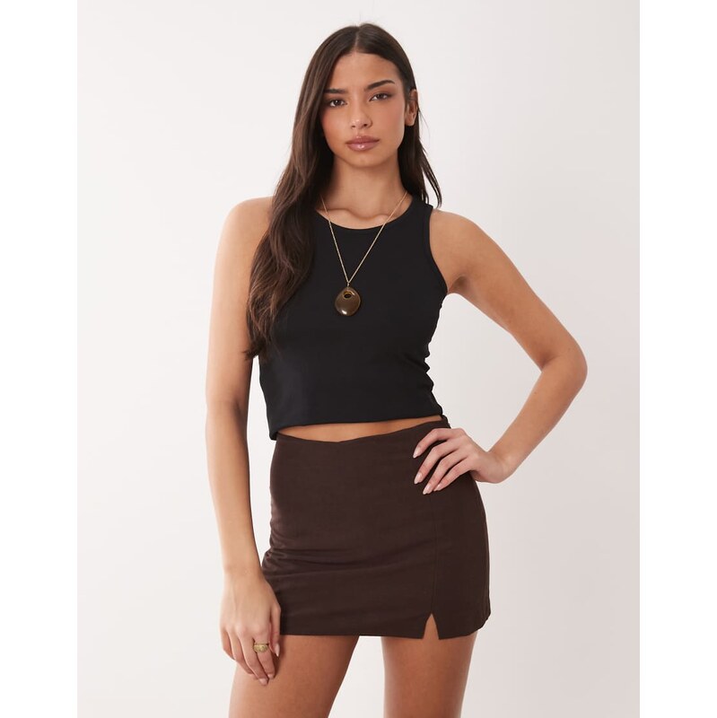 ASOS DESIGN linen blend mini skort in chocolate-Brown