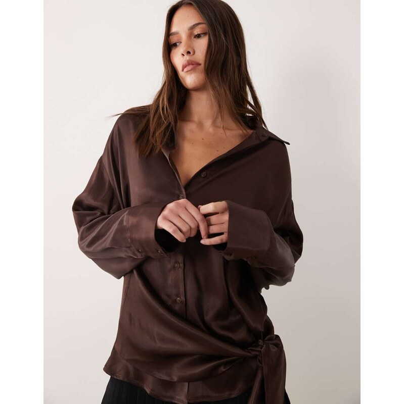 ASOS DESIGN satin tie side relaxed fit shirt in chocolate-Brown