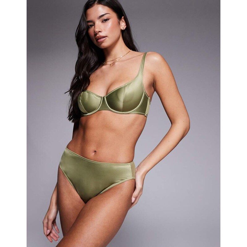 ASOS DESIGN Fern clean satin high waist brief with mesh back in olive 114519765