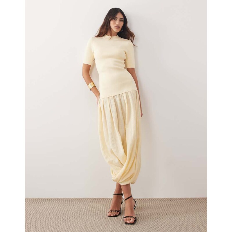 ARRANGE knit short sleeve hybrid midi dress in buttermilk-Yellow