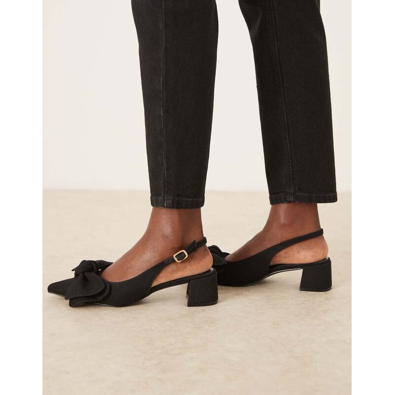 ASOS DESIGN Symbol bow slingback mid block heeled shoes in black