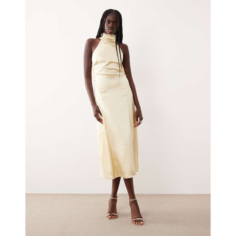 Pretty Lavish satin high neck cut out back midaxi dress in lemon 114519803