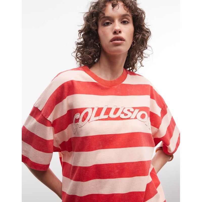 COLLUSION relaxed tee in pink and red stripe-Multi 105070029