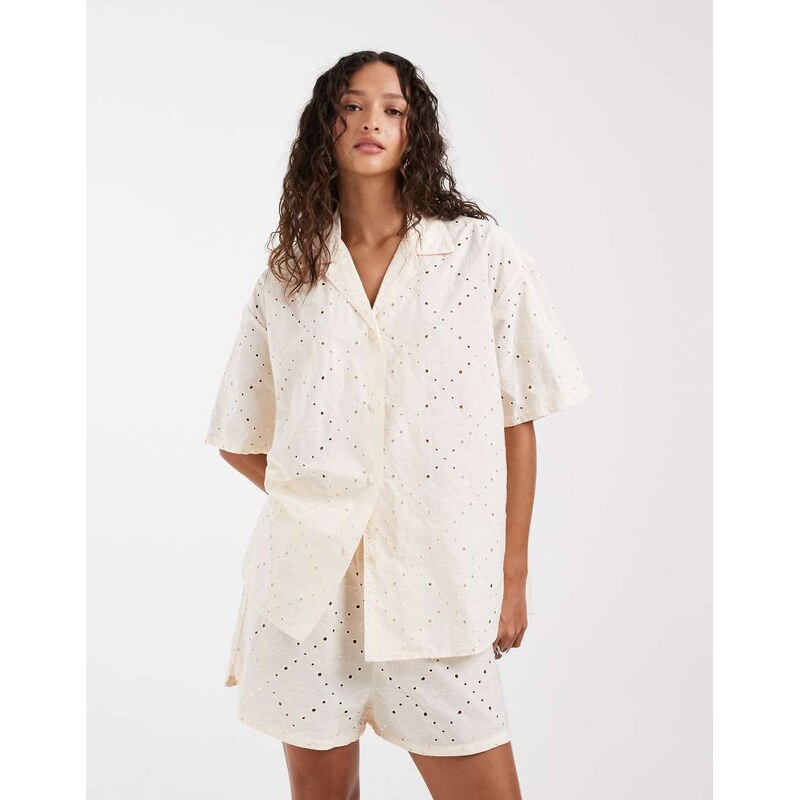 Lacoste broderie anglaise shirt & shorts set in peach-Orange