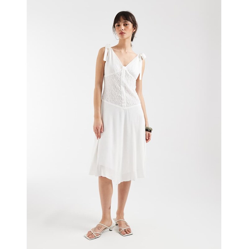 Motel Danira bardot milkmaid midaxi lace dress in white 114519875