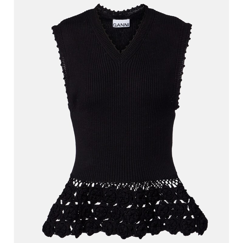 Ganni Crochet-trimmed ribbed cotton-blend top
