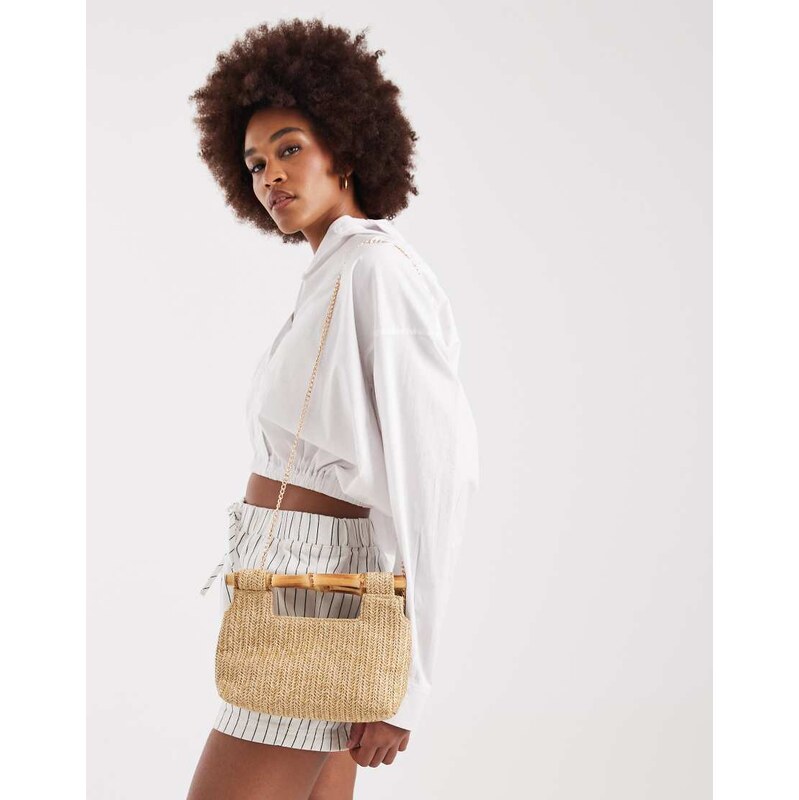Glamorous structured raffia grab bag with faux bamboo handle in