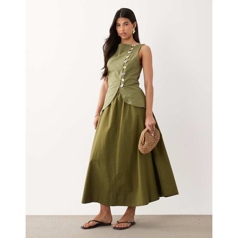 ASOS DESIGN linen look waistcoat maxi dress with poplin skirt in