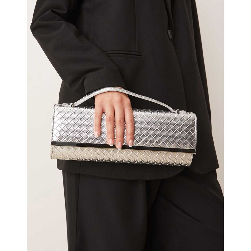 True Decadence woven detail elongated clutch bag in silver 115518399