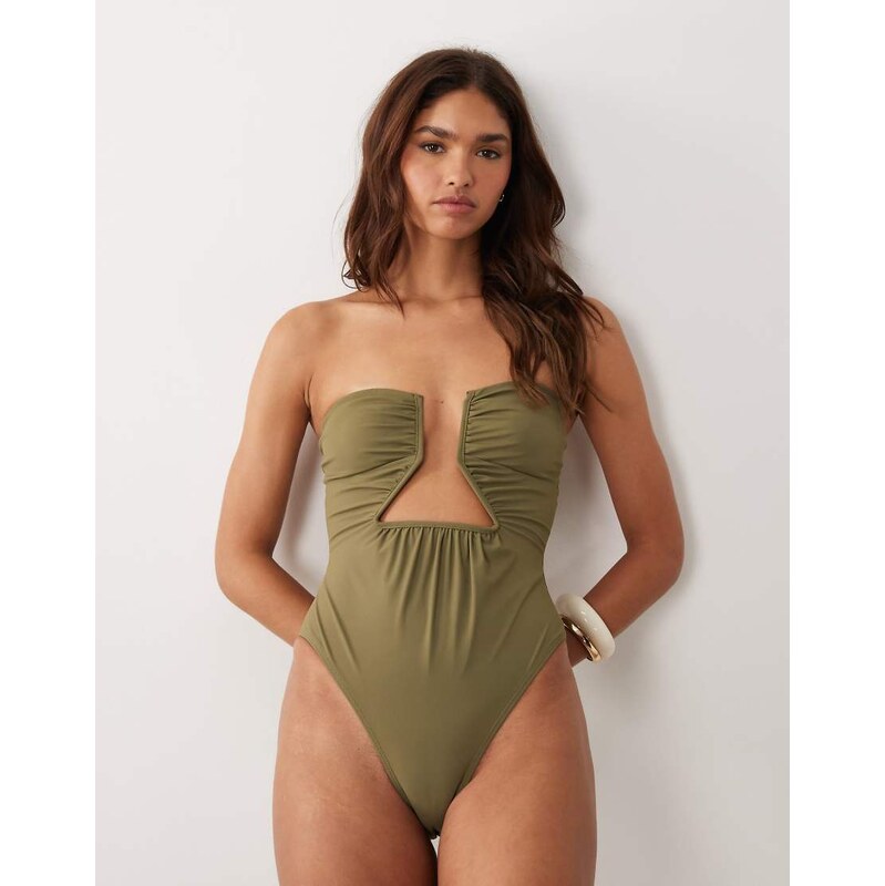 ASOS DESIGN paper touch asymmetric cut out swimsuit in khaki-Green 114523142