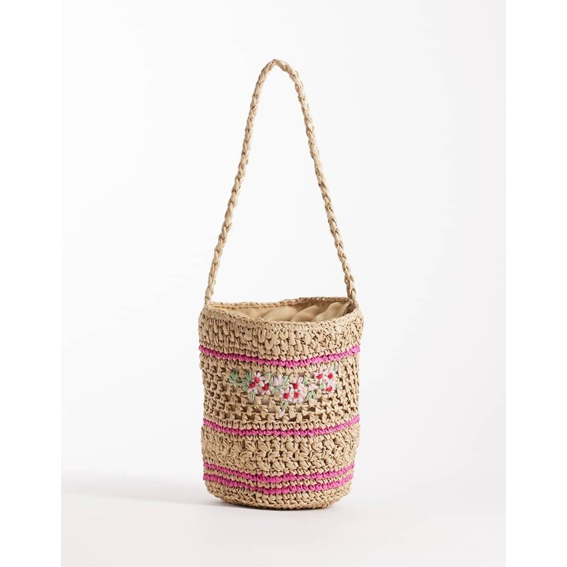 ASOS DESIGN straw hand crochet bucket bag with floral detail in