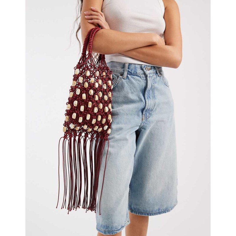 Glamorous beaded tassle bag in deep burgundy-Red