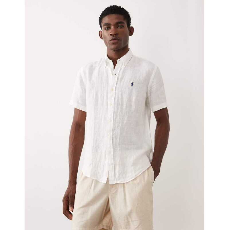 Polo Ralph Lauren icon logo linen short sleeve shirt in white