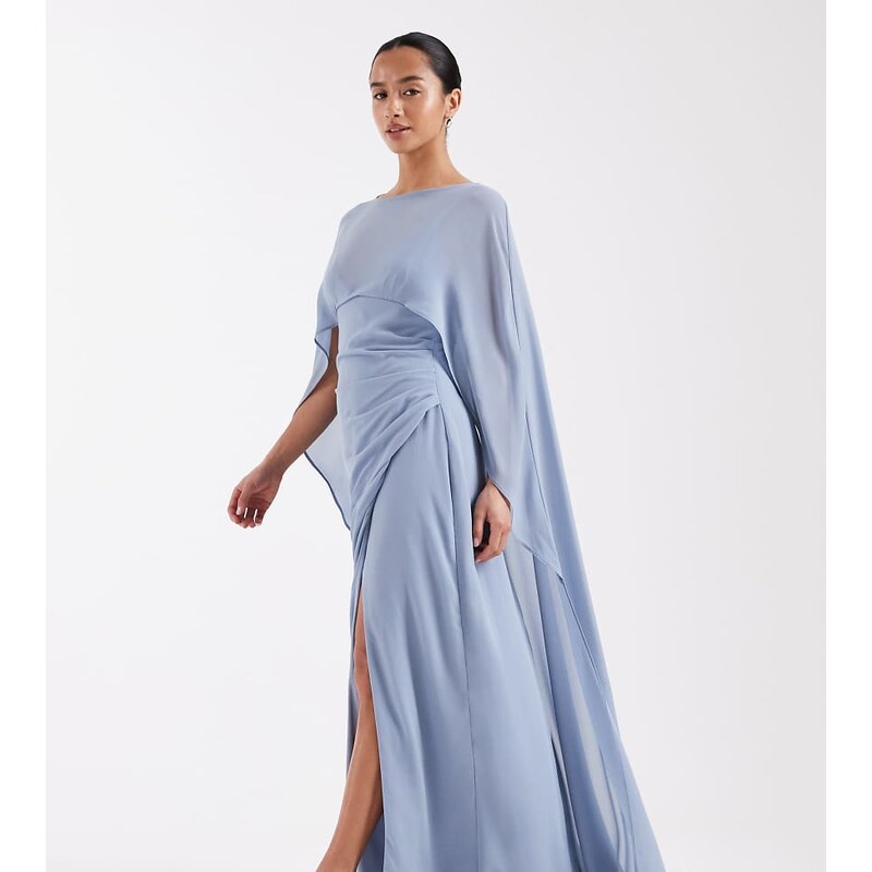 TFNC Petite Bridesmaids chiffon cape detail maxi dress in blue 115092274