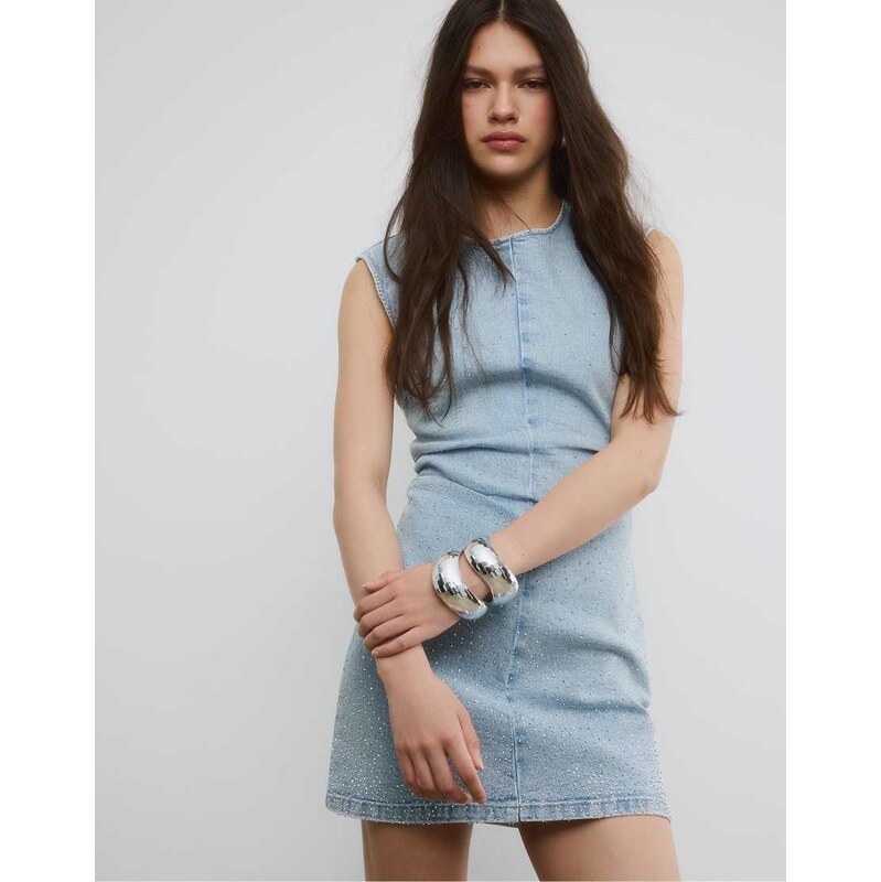 Stradivarius Short denim rhinestone dress in medium light blue denim 114523349