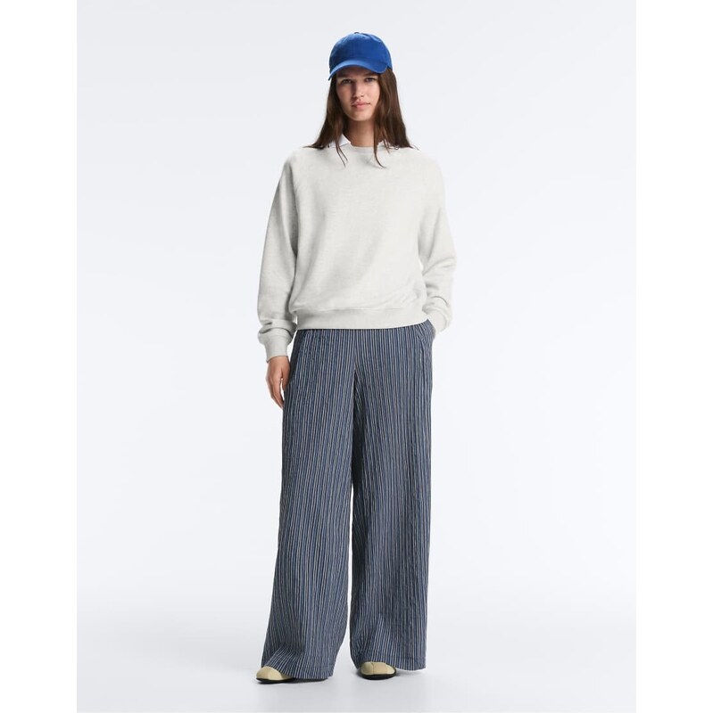 OYSHO Wide leg stripe print cotton blend trousers in navy 114544068