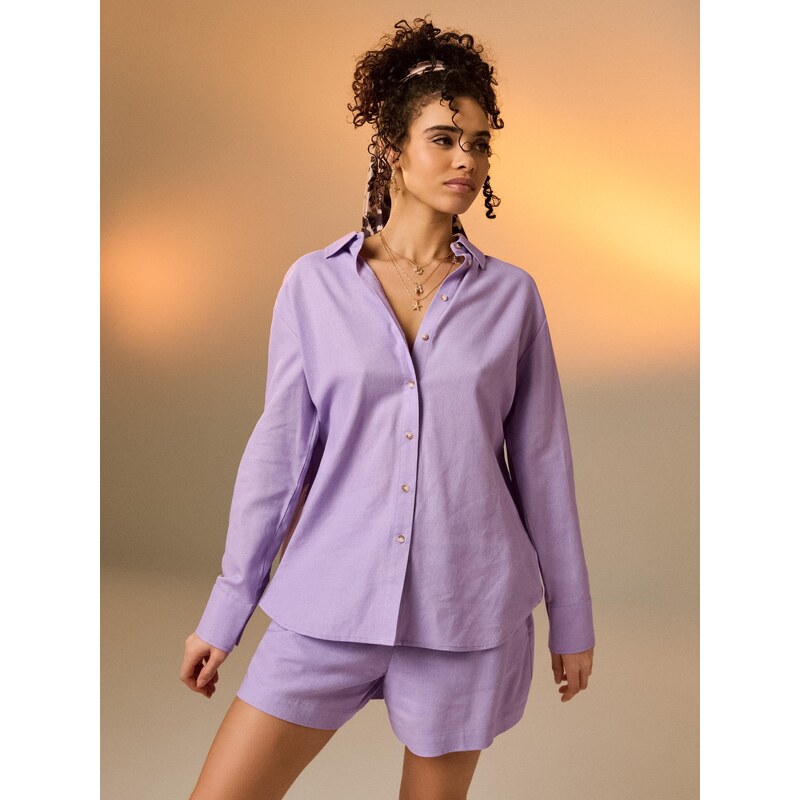 Sinsay - Košile oversized s příměsí lnu - levandulová 114525364