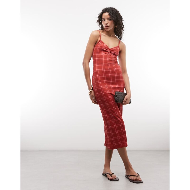 Reclaimed Vintage strappy ruched bust midi dress in red check